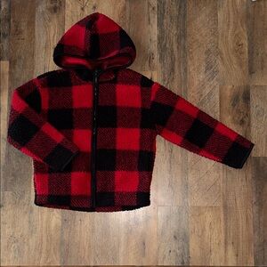 Old Navy Red and Black Plaid Fleece Jacket S (6-7)